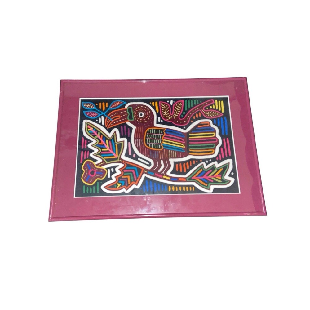Vintage Kuna Mola Textile Framed Panama Folk Art Colorful Bird Design 19x14”